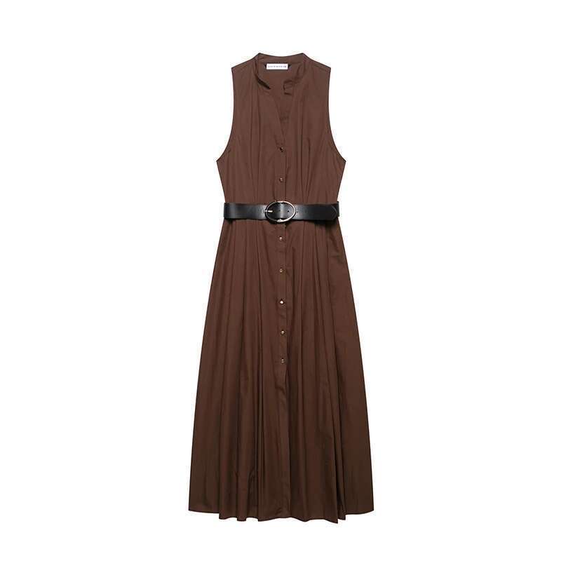 Willshela Women Fashion With Belt Brown Pleated Single Breasted Midi Dress Vintage V-Neck Sleeveless Female Chic Lady Dresses