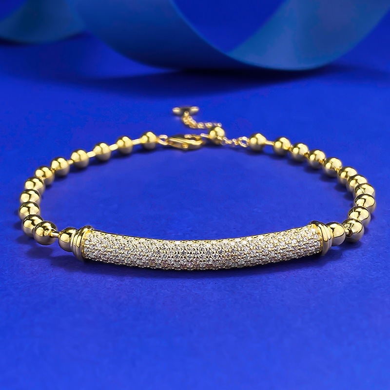 New European Style Gold Beaded Bracelet with Adjustable Full Crystal Zirconia Bar, Fashionable and Elegant Dainty Chain Jewelry for Women