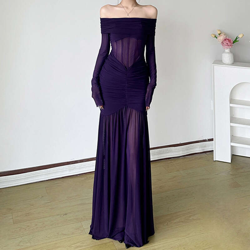 Sheath Dress Evening Sexy One Shoulder Fishbone Waist Mesh Splicing Folded Hip Wrapping Long Sleeve Dress Spring Summer Dress