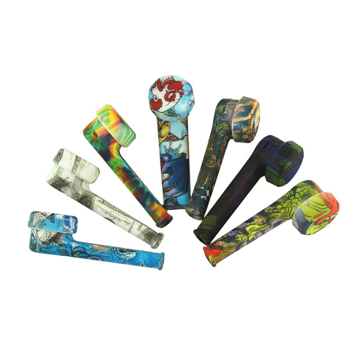 Printing Silicone Smoking Pipes Metal Lid Pot Bowl Tobacco Cigarette Holder Portable Spoon Hand PipeTools Smoke Accessories