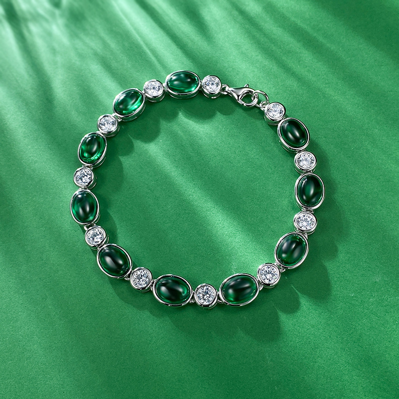 New 925 Sterling Silver Imitation Emerald 6x8mm Chalcedony Zircon Bracelet, Classic Stylish Elegant Jewelry for Daily Wear