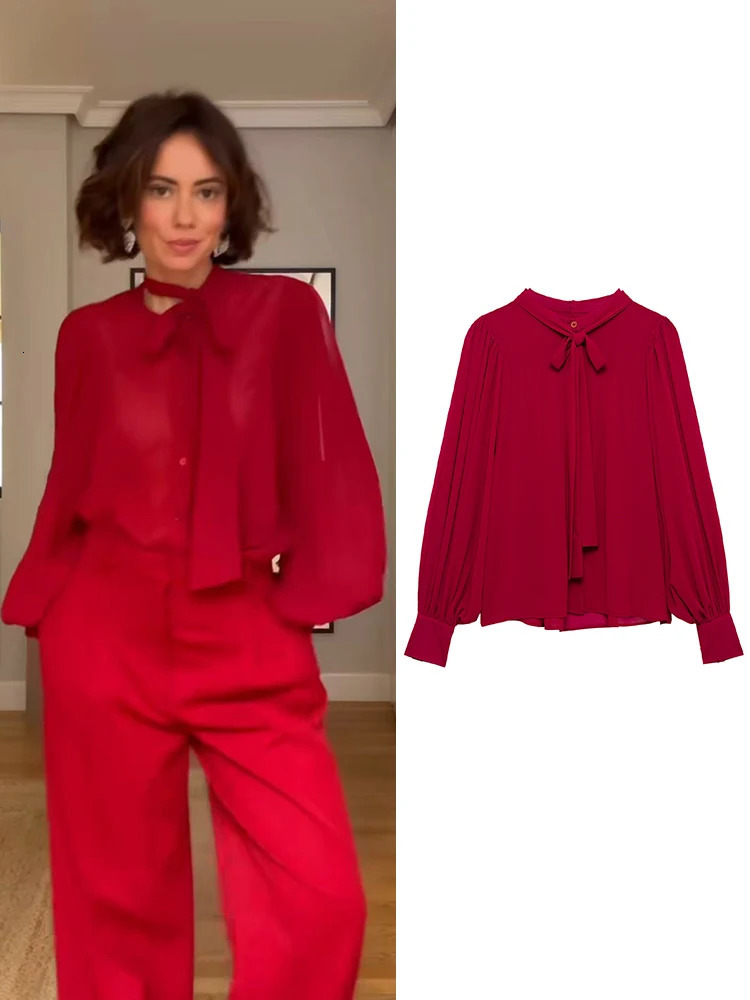 TFMLN 2025 Women Solid Bow Collar Blouses Office Ladies Thin Translucent Red Tops High Street Loose Sweet Girls Shirt 250516Z