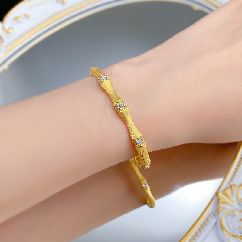 New S925 Sterling Silver Italian Vintage Handmade Brushed Bamboo Bracelet with Zirconia Accent, Adjustable Elegant Bamboo Style Bangle