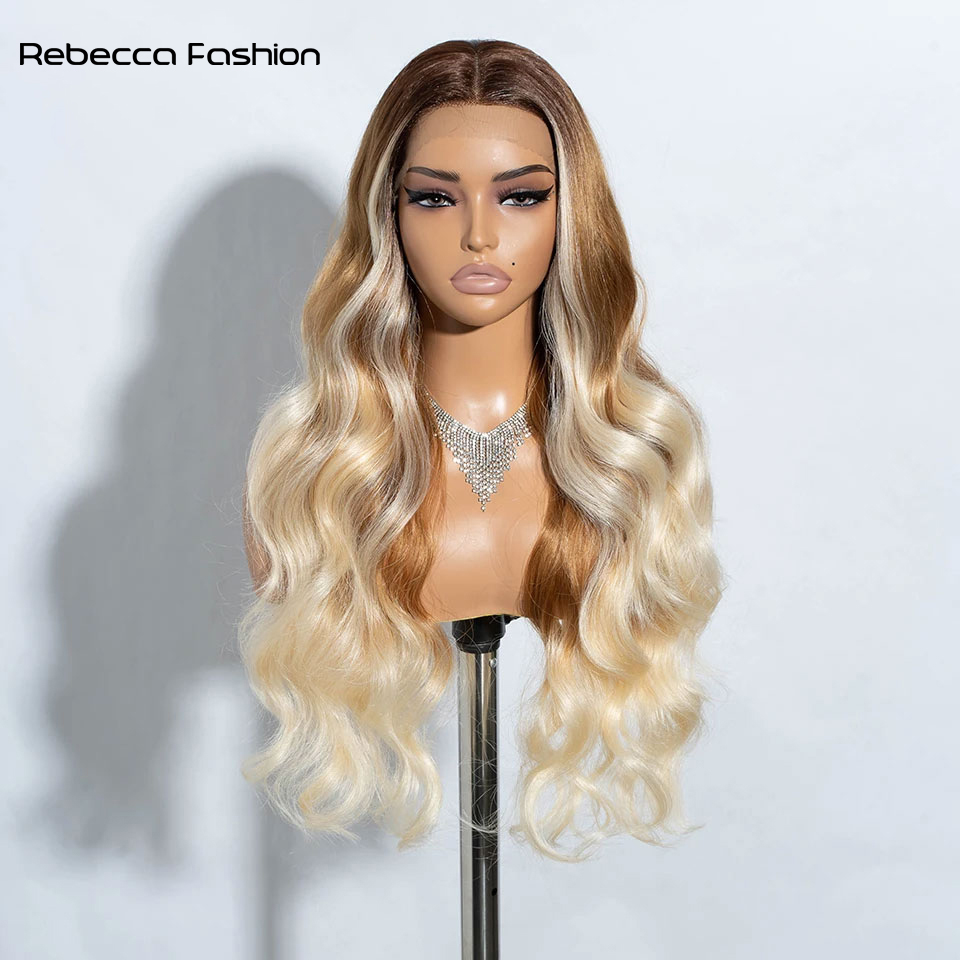 Rebecca Fashion 30 Inch Body Wavy Long T Part Lace Dark Brown Ombre Blonde Cosplay Front Wig for Women