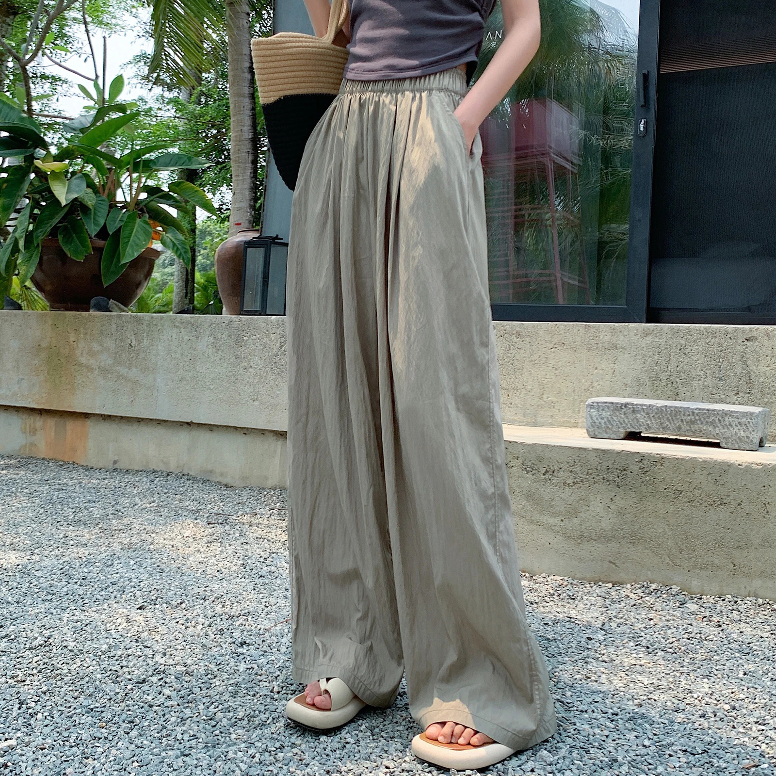Seoulish Ice Silk Pleated Womens Trousers Summer High Waist Draping Casual Loose Full Length Wide Leg Pants Female 250517