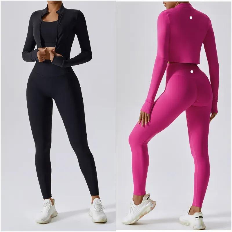 Womens Yoga Outfit Three Pieces Vest+Pants+Jackets Suits Exercise Close-Fitting Fitness Wear Running Elastic Adult Workout Sportswear Elastic Trouser Tops