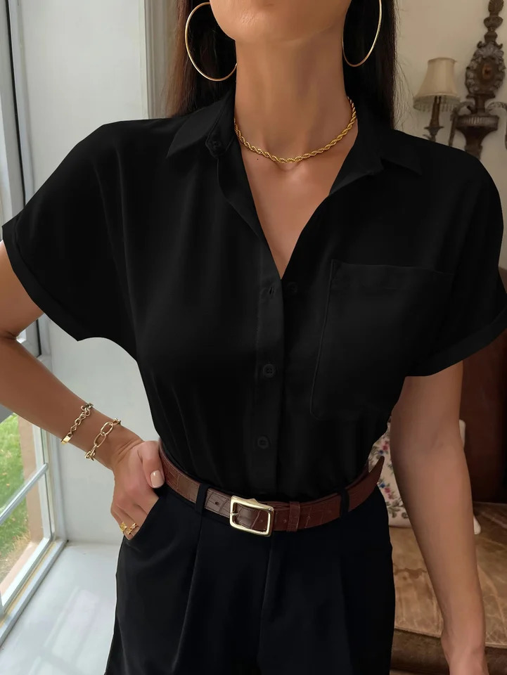 springsummer casual womens black shortsleeved shirt 250516Z