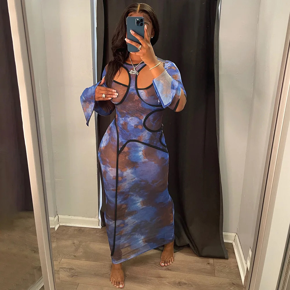 Sexy Hollow out Print See Through Maxi Dress Women Long Sleeve Slim Fit Party Vestido Summer Night Club Clothes 250517
