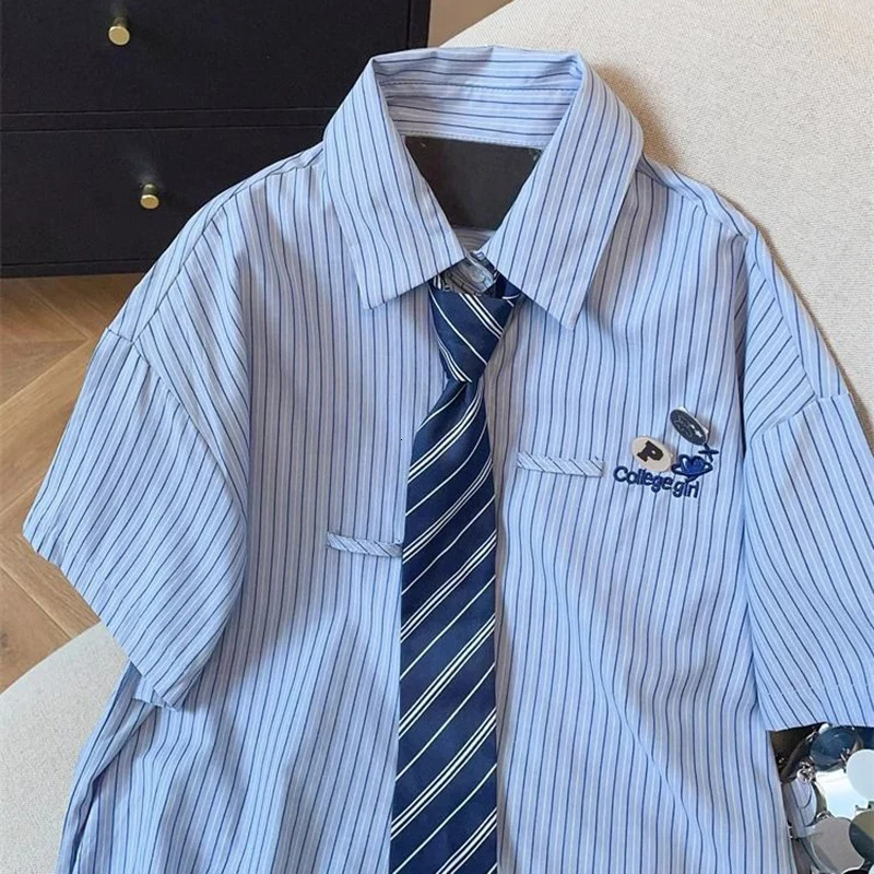 2025 Preppy Style Blue Striped Shirt Summer Short Sleeve Loose Blouse Woman Streetwear Letter Embroidery Shirts Female 250516Z