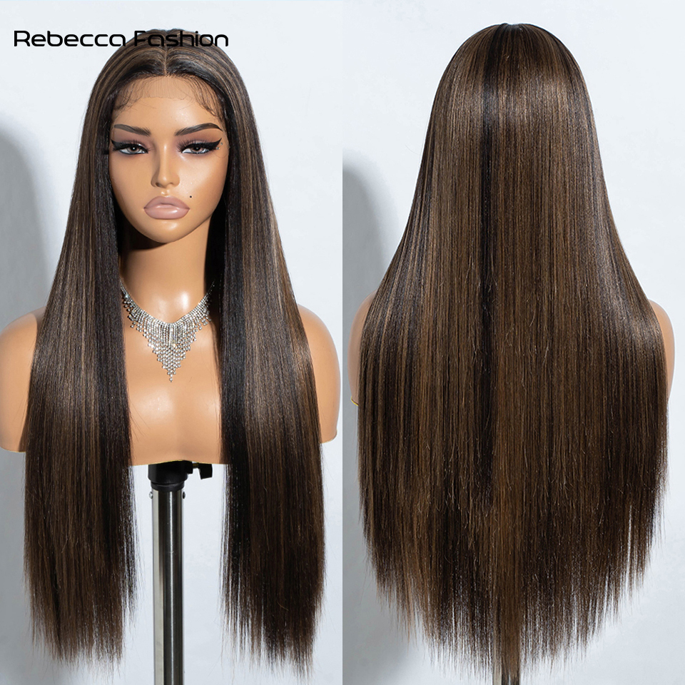 Rebecca Fashion Cosplay Synthetic Lace Wig 30 Inch Long Straight Soft Rainbow Colorful Ombre Blonde Ginger Wigs For Women