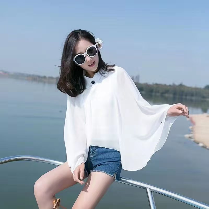 K769 Foreign Trade 2024 Cross-border New Style Solid Color Wind Outer Dress Button Chiffon Sunscreen Women's Fashion Travel Shawl Live Broadcast