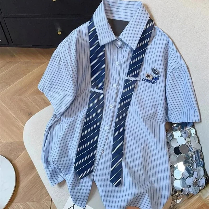 2025 Preppy Style Blue Striped Shirt Summer Short Sleeve Loose Blouse Woman Streetwear Letter Embroidery Shirts Female 250516Z