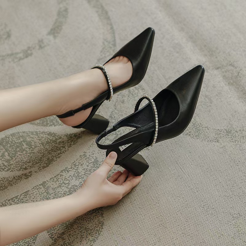 Summer/Spring 2023 Pointed Toe Chunky Heel Sandals Solid Elegant High Heels Sheepskin Women Party Shoes 262f s