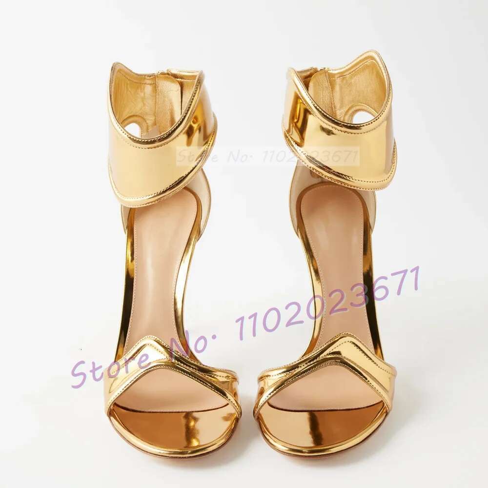 Gold Curved Straps Open Toe Women Mirrored-leather High Heels Stylish Shoes Ladies Elegant Back Zipper Party Sandals