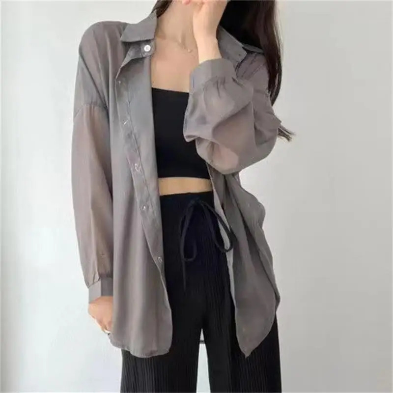 7 Colors Shirt Sheer Thin Chic Summer Simple Solid Sunproof Tops Fashion Baggy Allmatch Basic Korean Style Sexy Clothes 250516Z