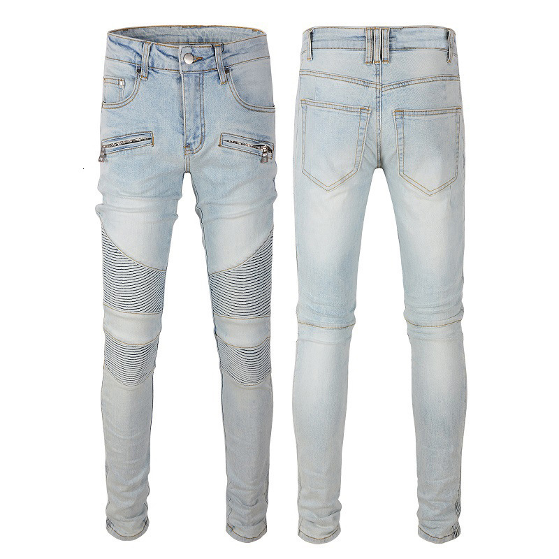 Mens fashion brand American motorcycle jeans mens high street jeans distressed multi pocket slim fit elastic 1098 230131