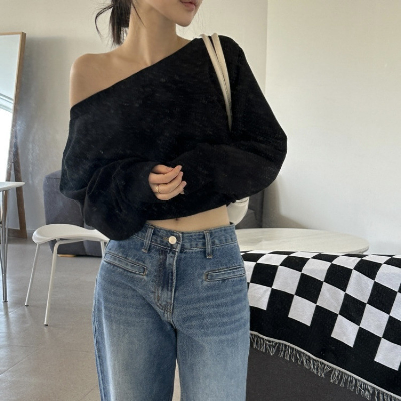 G3230 Autumn and winter new women's clothing Dongdaemun high-end one-shoulder off-shoulder short long-sleeved sweatshirt