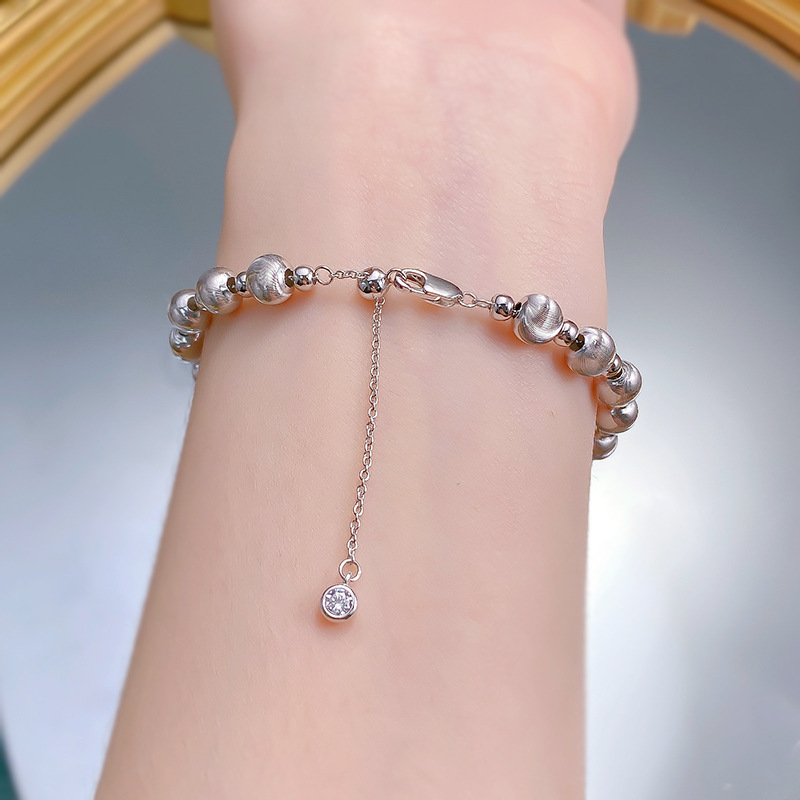 S925 Sterling Silver Laser Brushed Cat Eye 6mm Beaded Bracelet for Women Minimalist Luxury Adjustable Durable Oxidation-Resistant Daily Gift