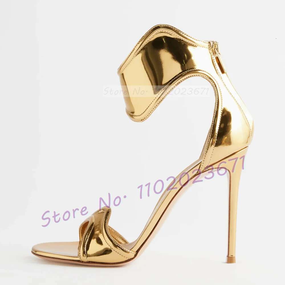Gold Curved Straps Open Toe Women Mirrored-leather High Heels Stylish Shoes Ladies Elegant Back Zipper Party Sandals