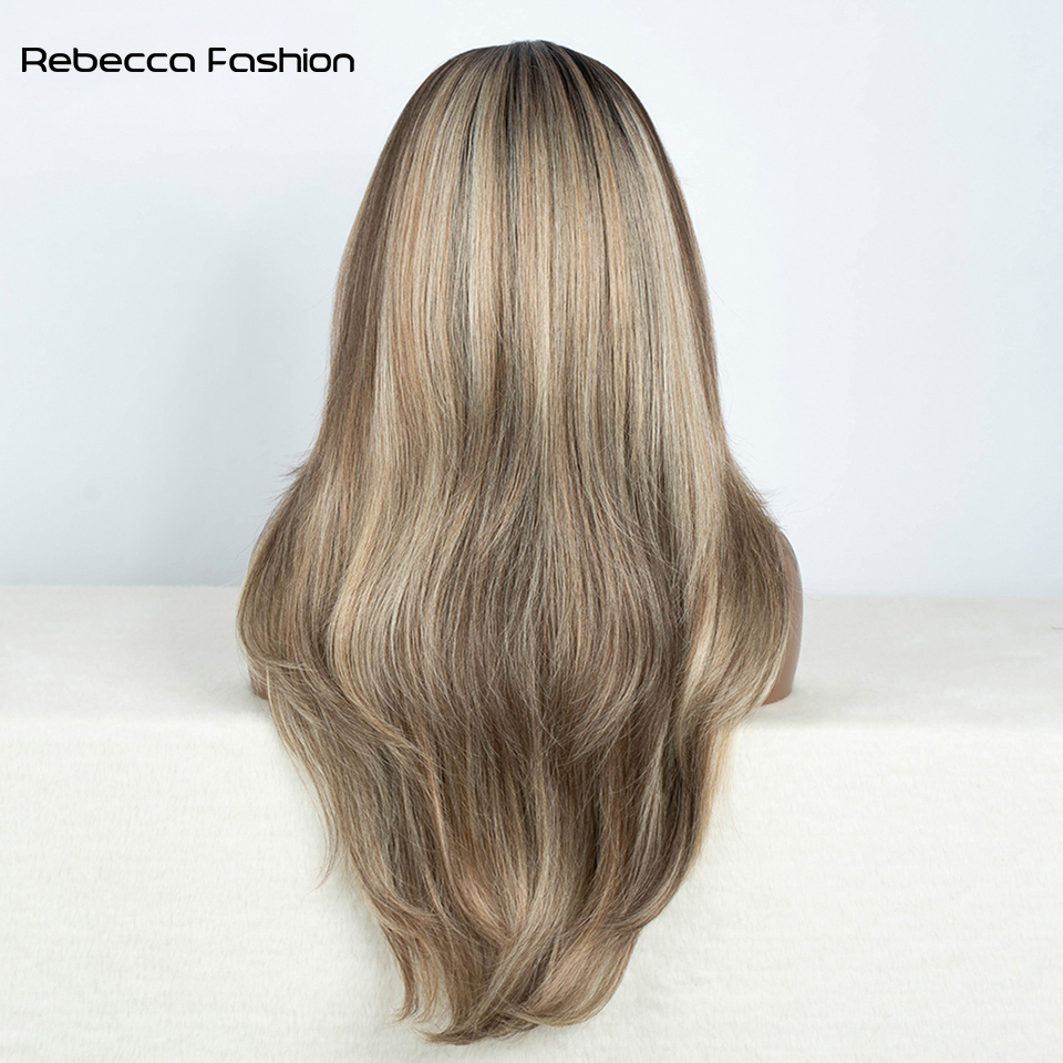Rebecca Fashion Synthetic Front Wigs For Women Straight 28 Inche Bob Ombre Brown Blonde White Lace Glueless Cosplay Wig