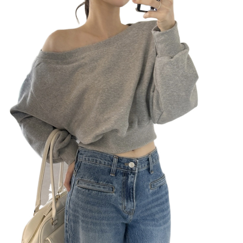 G3230 Autumn and winter new women's clothing Dongdaemun high-end one-shoulder off-shoulder short long-sleeved sweatshirt