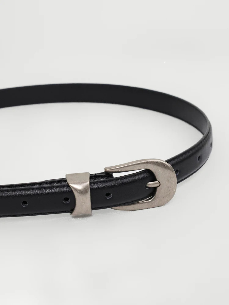 Retro silver buckle thin belt womens cowhide belt black decoration with jeans jacket versatile genuine leather waistband 250517