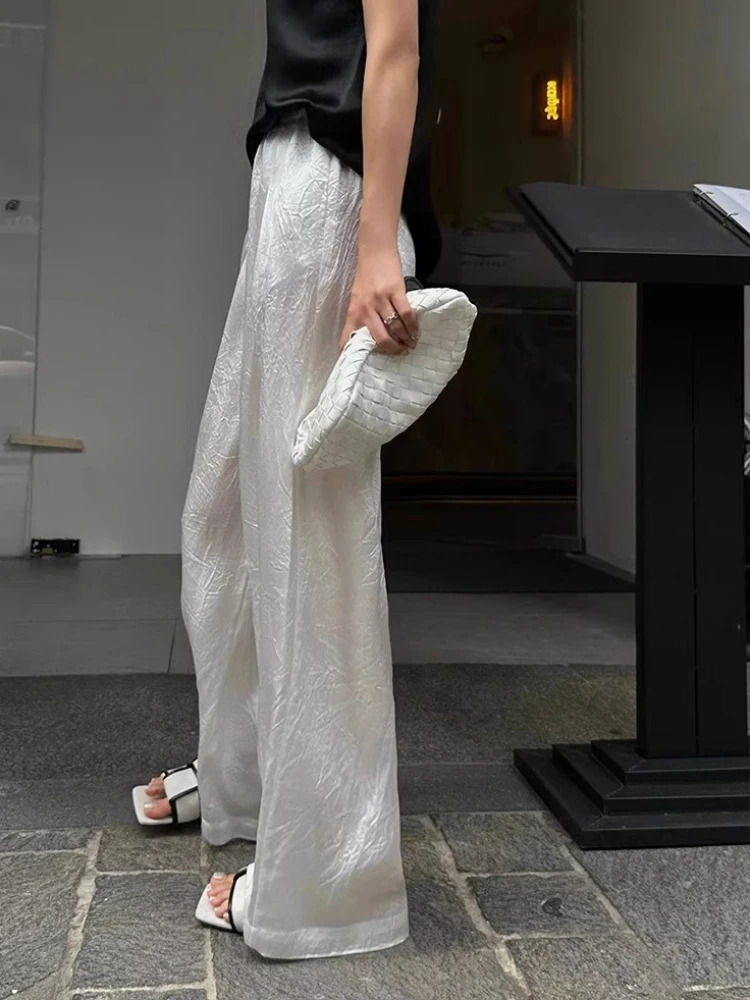 Pleated Pants Triacetic Acid Satin Wide-leg Pants Womens Early Spring White Satin Pants Drape Ice Silk women 250517
