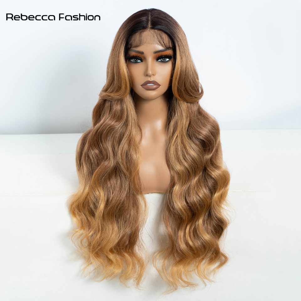 Rebecca Fashion Synthetic Front For Women 30" Long Body Wave Lace Wig Ombre Blonde Highlight Cosplay Wigs Heat Resistant
