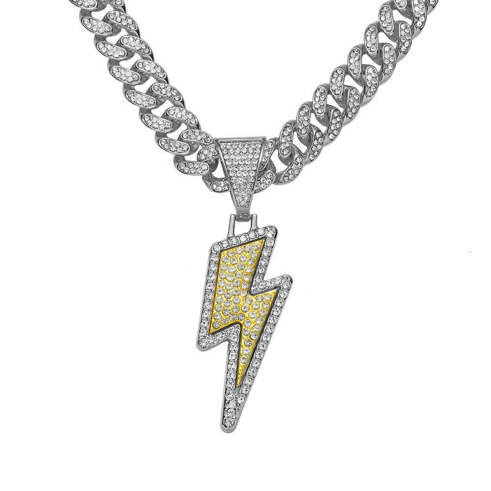 Bold Hip hop Alloy Necklace with Lightning Rhinestone Pendant Unisex Cuban Link Chain Jewelry for Men & Women Trendy Street wear Accessories