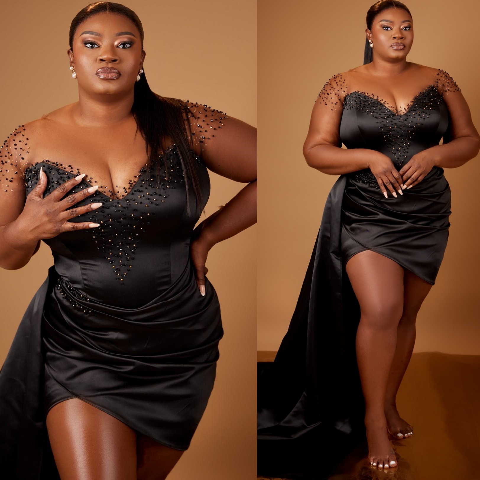 Sheath Black Plus Size Prom Dresses 2025 Beaded Short Satin Full Sleeves Evening Formal Party Second Birthday Engagement Gowns Dress For Special Occas