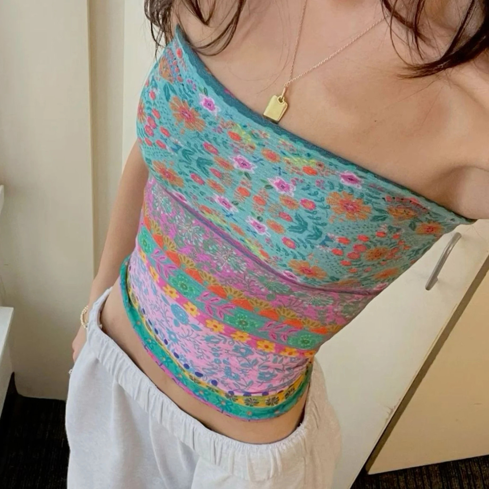 Summer Boho Bandeau Vest Cute Hiking Outfits Preppy Style Fitness Girl Strapless Tube Tops Graphic Print Off Shoulder Crop Tops 250519
