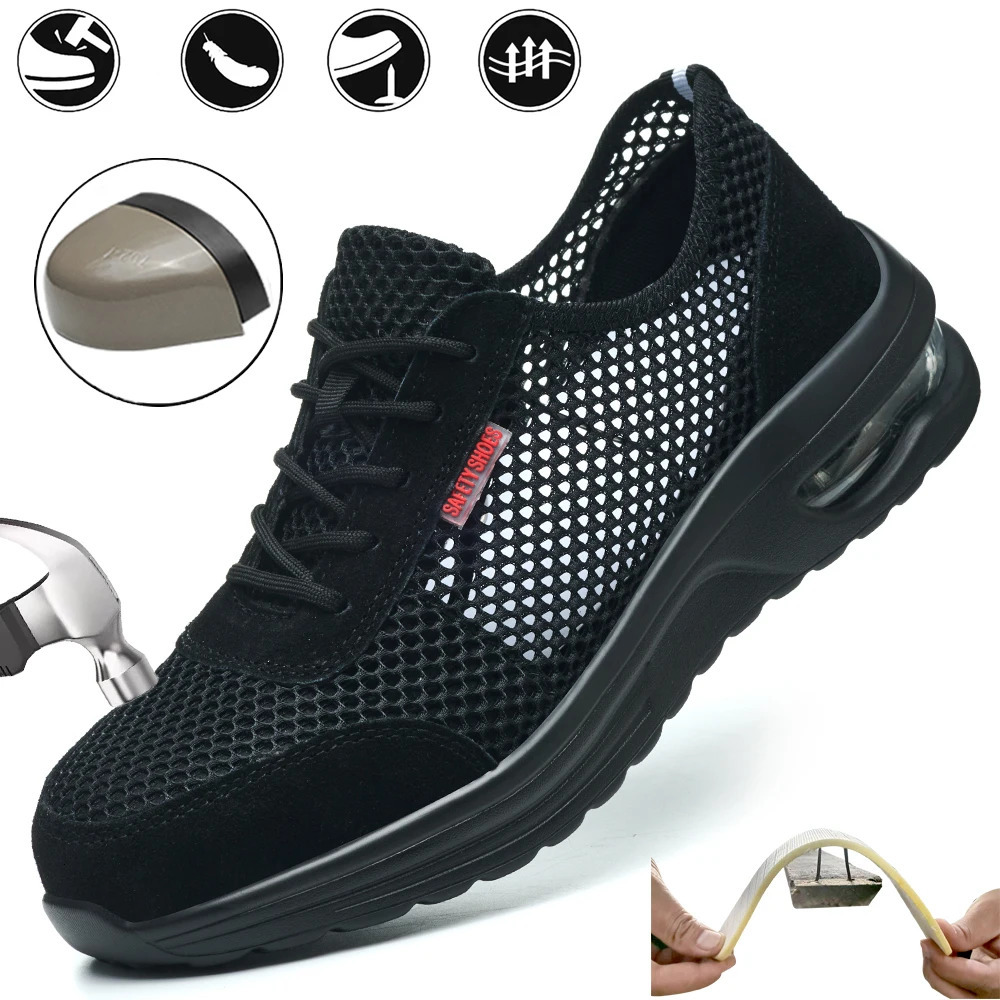 Mens Summer Steel Toe Safety Shoes Anti-Crush And Piercing Breathable Lightweight Outdoor Pure Black Shoes 250519