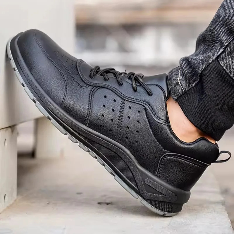 Black Safety Shoes Men Steel Toe Shoes Work Shoes Sneakers Male Anti-puncture Indestructible Security Boots Waterproof Leather 250519