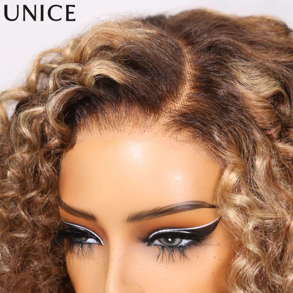 UNICE 7x5 Bye Knots Ombre Blonde Highlight Curly 16Inch Cut Pre Bleached Glueless Wig Human Hair Ready To Wear 150%