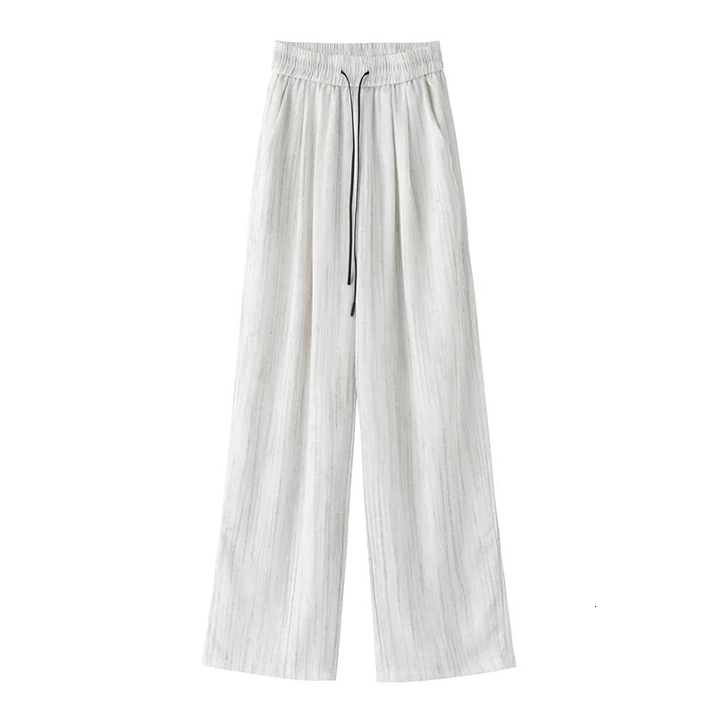 2025 Summer Vintage Ice Silk Satin Ink Printed Wide Leg Pant for Women High Waist Casual Loose Straight Full Length Trousers 250517