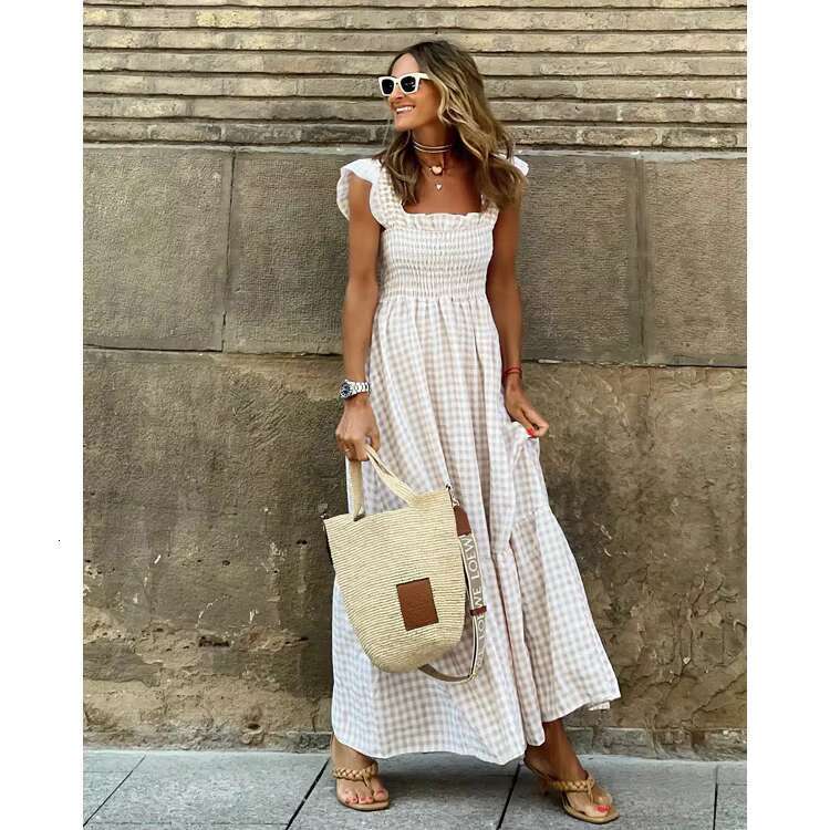 Gingham Maxi Dress for Women Sleeveless Smocked Sundress with Ruffle Straps Vintage Style Flowy Summer Long Dress for Beach Picnic and Vacation