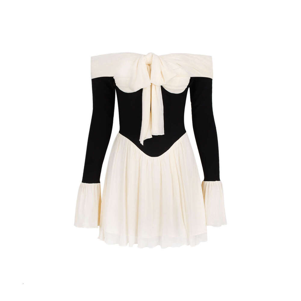 Sheath Dress Fashionable Design Bow One Shoulder Long Sleeved Dress Women S Mesh Patchwork Sexy Backless Short Skirt Summer Dress
