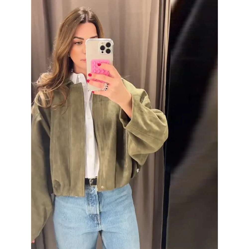 Fashion Suede Zipper Bomber Jacket For Women Vintage Turn Down Collar Long Sleeve Coats Lady New Street Chic Short Outerwear Designer