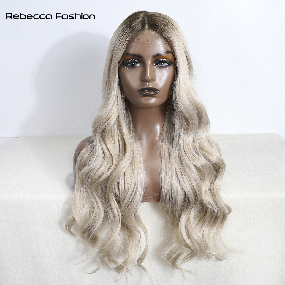 Rebecca Fashion Body Wavy Synthetic Front Wigs For Black Women 30 inch Ombre Brown Higlight Lace With Baby Hair Cosplay Wig