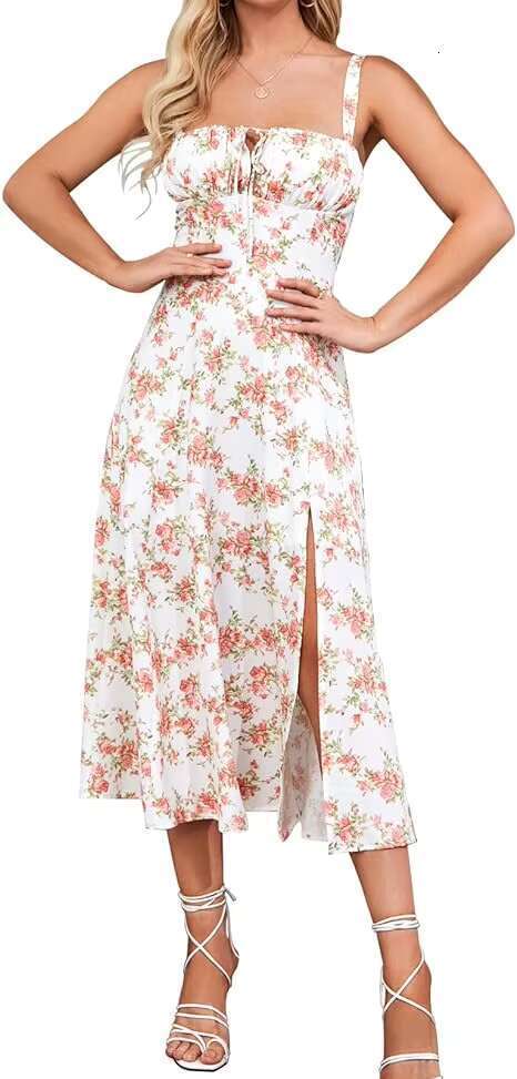 DHessentials Women's Bohemian Floral A-line Tight Corset Dress With Flowing Slit Tie And Long Arm, Plus Size For Summer Outdoor Casual Wear