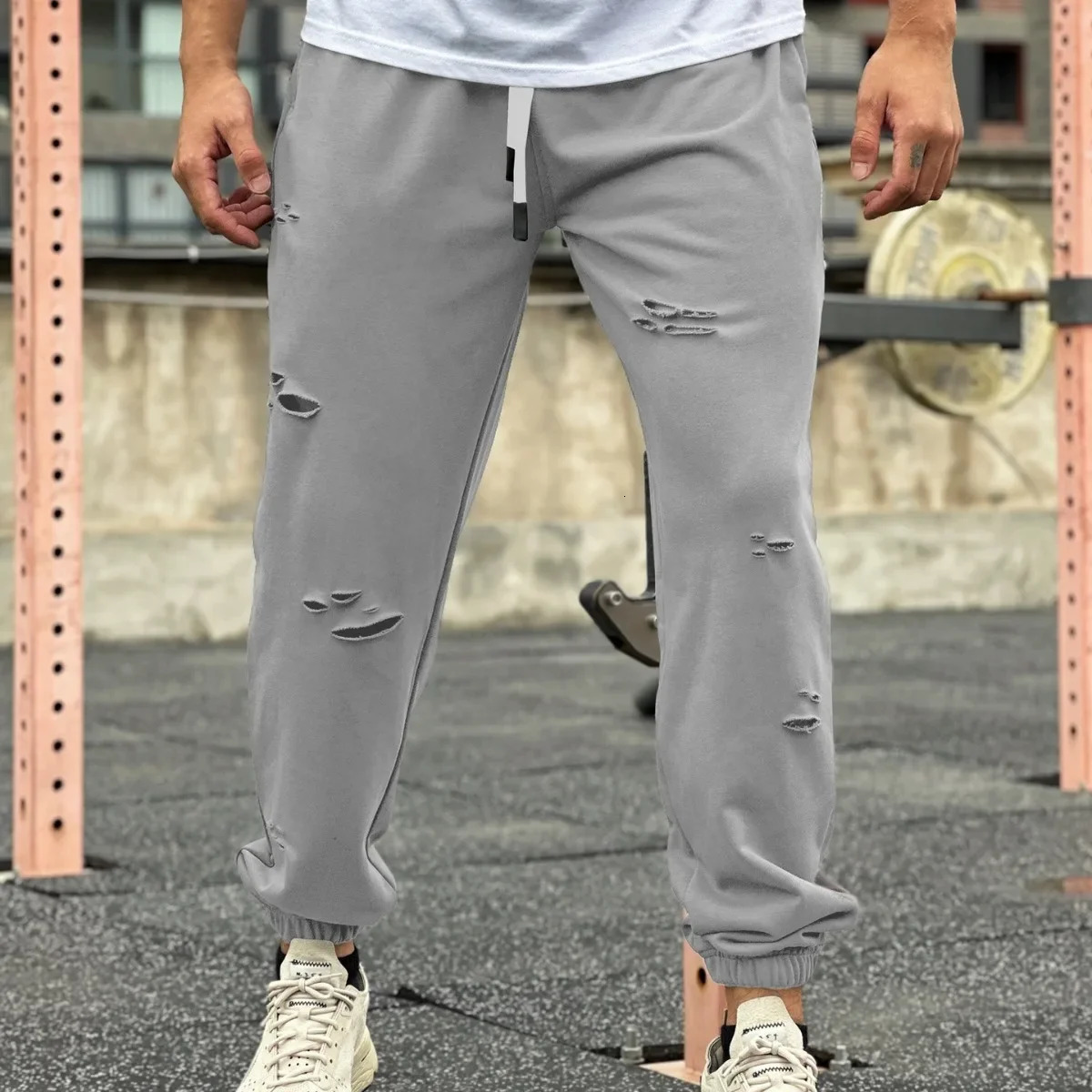 Mens Streetwear Casual Trend Cuffed Pants Jogging Drawstring Sweatpant Ripped Trousers Gym Fitness Sports Bottom Male Costume 250513Z