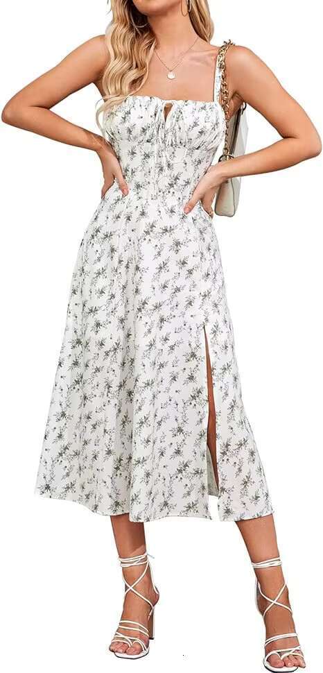 DHessentials Women's Bohemian Floral A-line Tight Corset Dress With Flowing Slit Tie And Long Arm, Plus Size For Summer Outdoor Casual Wear