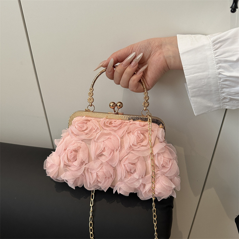 Free Delivery Designer Bag Chiffon 3D Flower Banquet Champagne Women's Cheongsam Handmade Dress Chain Decorative Bag Hand Luxury Bag