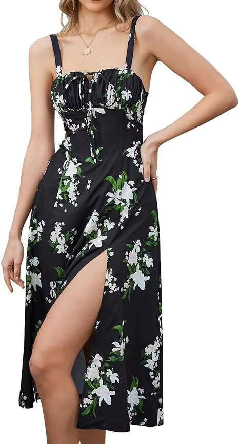 DHessentials Women's Bohemian Floral A-line Tight Corset Dress With Flowing Slit Tie And Long Arm, Plus Size For Summer Outdoor Casual Wear