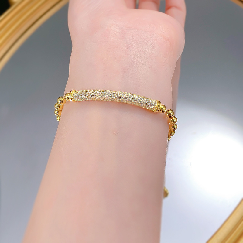 New European Style Gold Beaded Bracelet with Adjustable Full Crystal Zirconia Bar, Fashionable and Elegant Dainty Chain Jewelry for Women