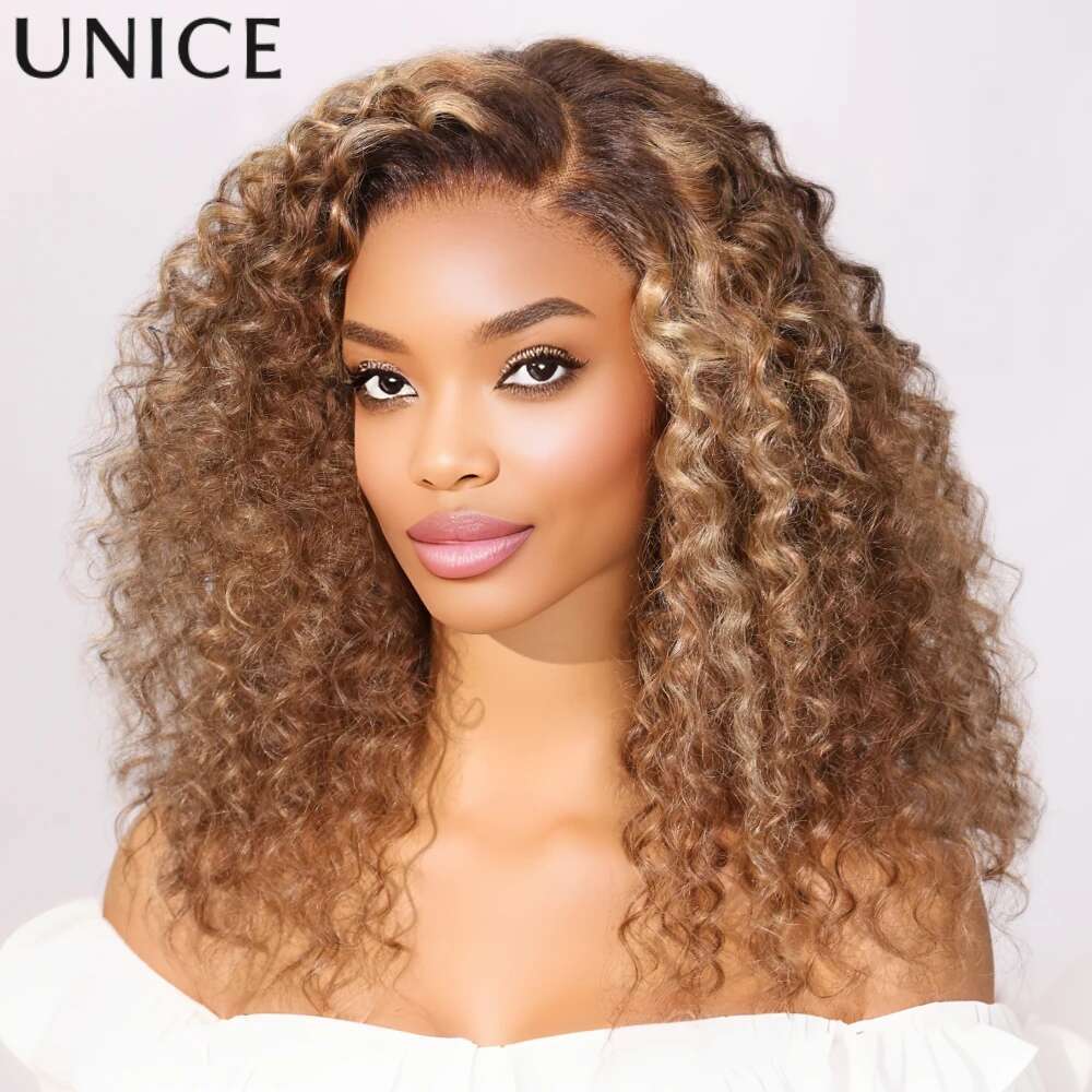 UNICE 7x5 Bye Knots Ombre Blonde Highlight Curly 16Inch Cut Pre Bleached Glueless Wig Human Hair Ready To Wear 150%