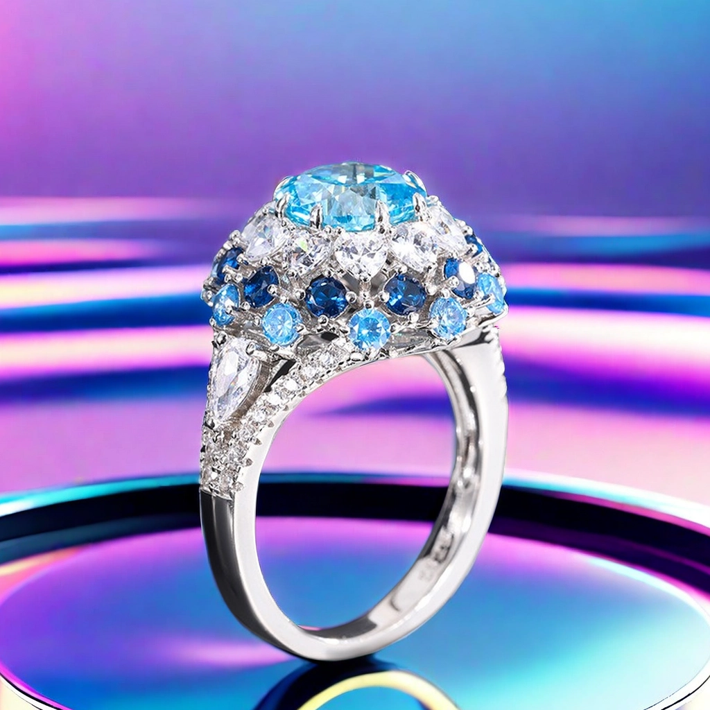 The S925 sterling silver sky blue 8*8 high-carbon diamond women's ring fashionable, individual and beautiful candy-like sweet jewelry ring
