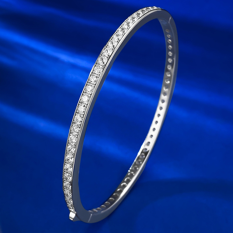925 Sterling Silver White Gold Plated Half-Diamond Bangle for Women Slim Bracelet Delicate Single-Row Zirconia Sparkling Stylish Versatile Accessory