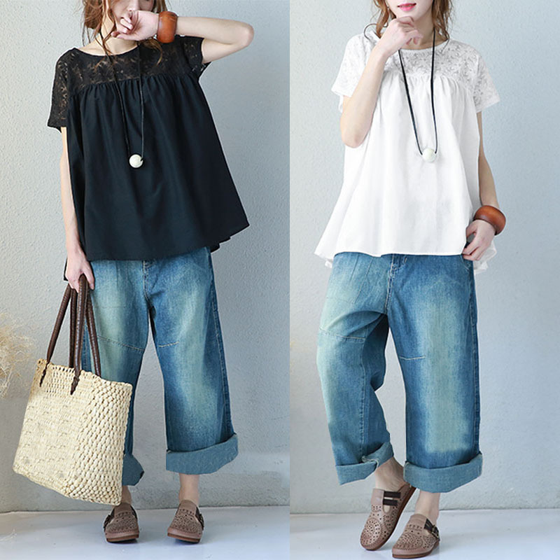 2025 Foreign Trade New Large Solid Color Lace Short Sleeve Shirt Top Splicing Women's Clothing ddmySept