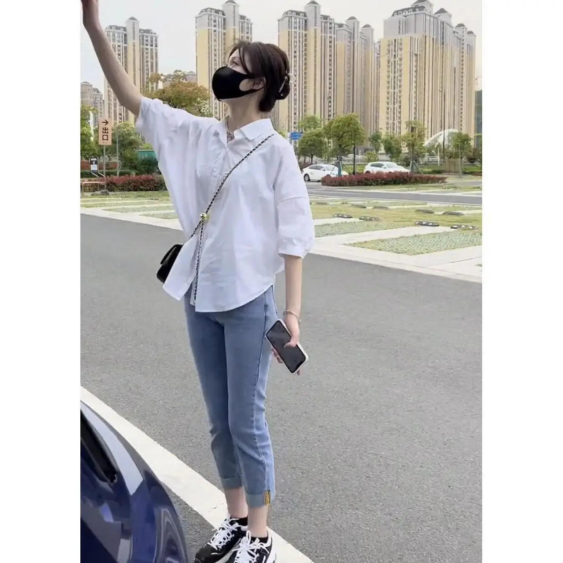 Cotton Midsleeve Thin Woman Blous Shir 2025 Summer Loose Fashion Irregular Shirt Casual Vacation Top Korean Womens Clothes 250516Z